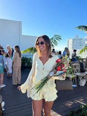 Hollow Out Knit Ruffle Cardigan Button Top Two Piece Shorts Set