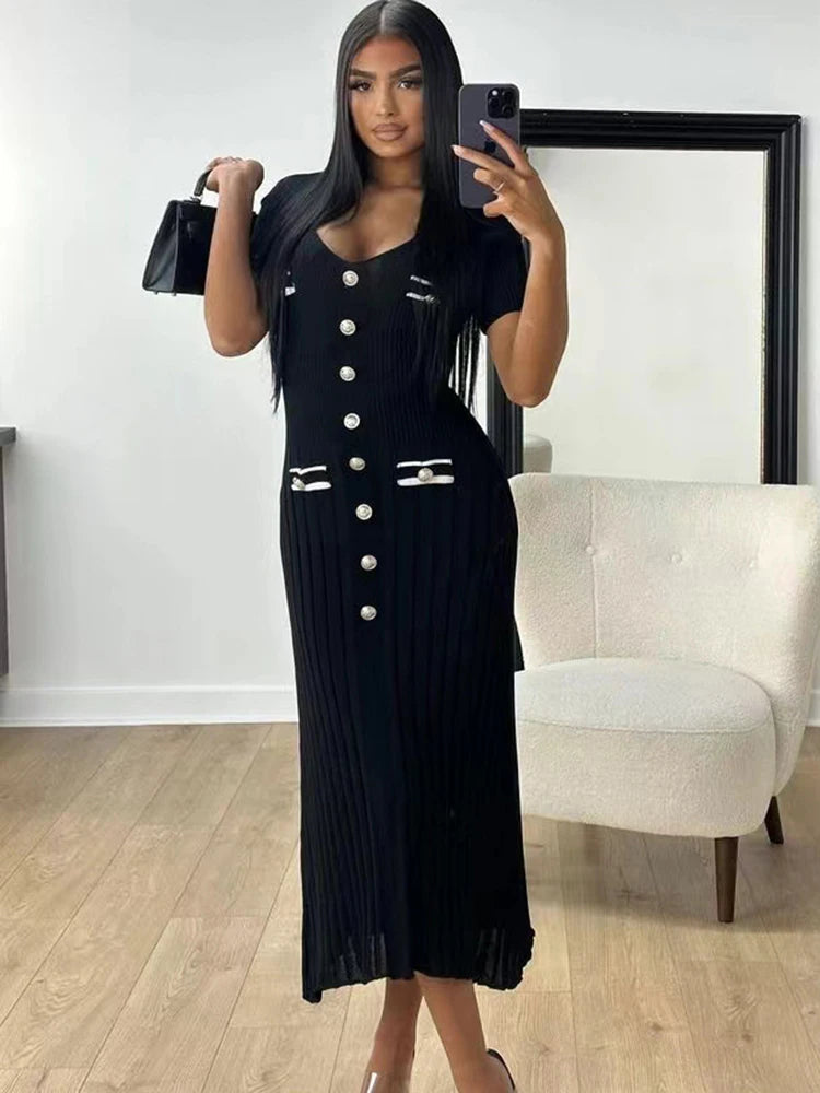 V-Neck Knitted Short Sleeve Button Work Dress Secondary image