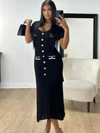 V-Neck Knitted Short Sleeve Button Work Dress