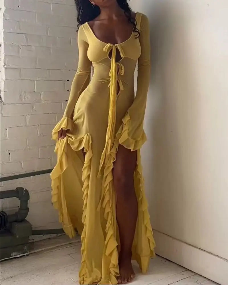 Ruffled Slit V-neck Maxi Dress Main image