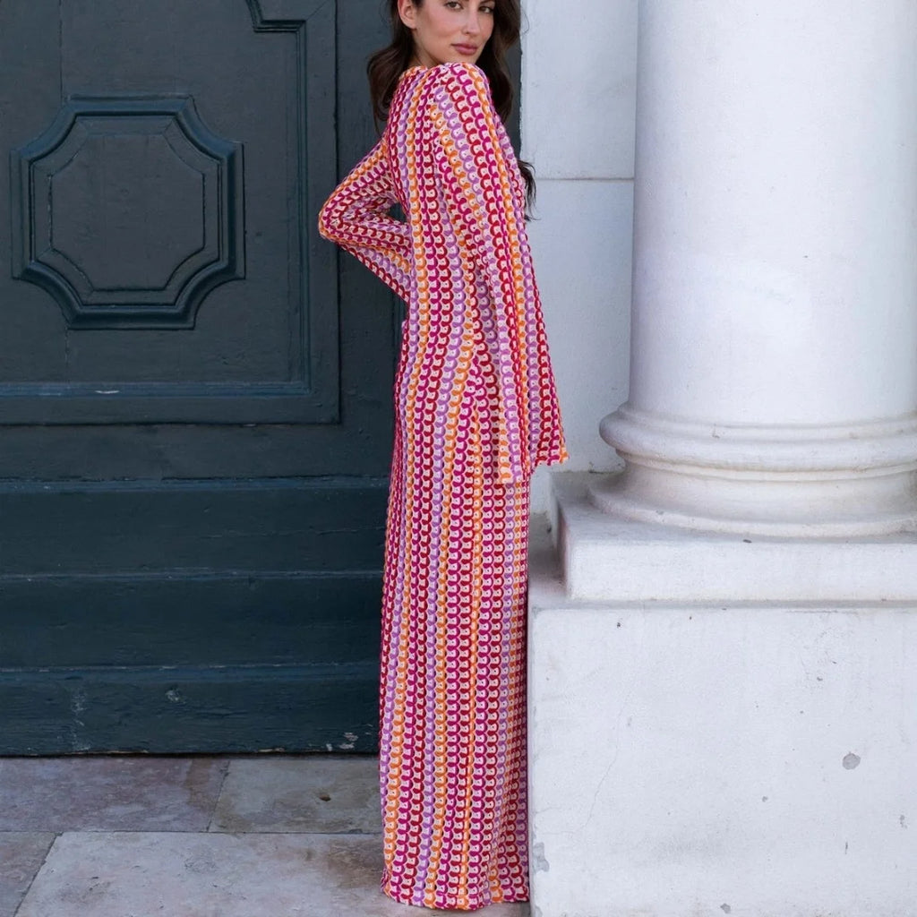 Crochet Stripe Flare Sleeve Maxi Dress
