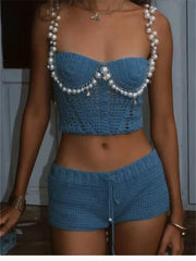 Crochet Pearl Chain Strap Camisole White Two Piece Shorts Set