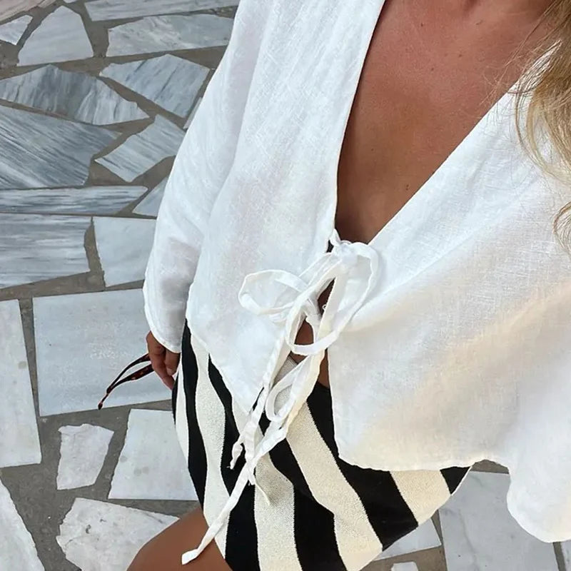 Loose Lace-up Bow V-neck Flare Sleeve Blouse Secondary image