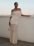 Patchwork Mesh Off Shoulder Midi Dress