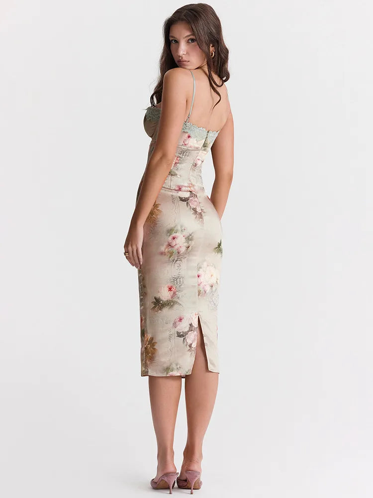 Lace Print Spaghetti Strap Midi Dress