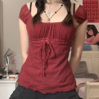 Square Collar Kawaii Bow Vintage Crop Top