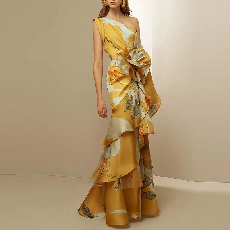 Diagonal Hollow Off Shoulder Floral Dress Main image
