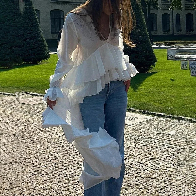 Ruffles V-neck Long Sleeve Casual Blouse Secondary image