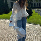 Ruffles V-neck Long Sleeve Casual Blouse