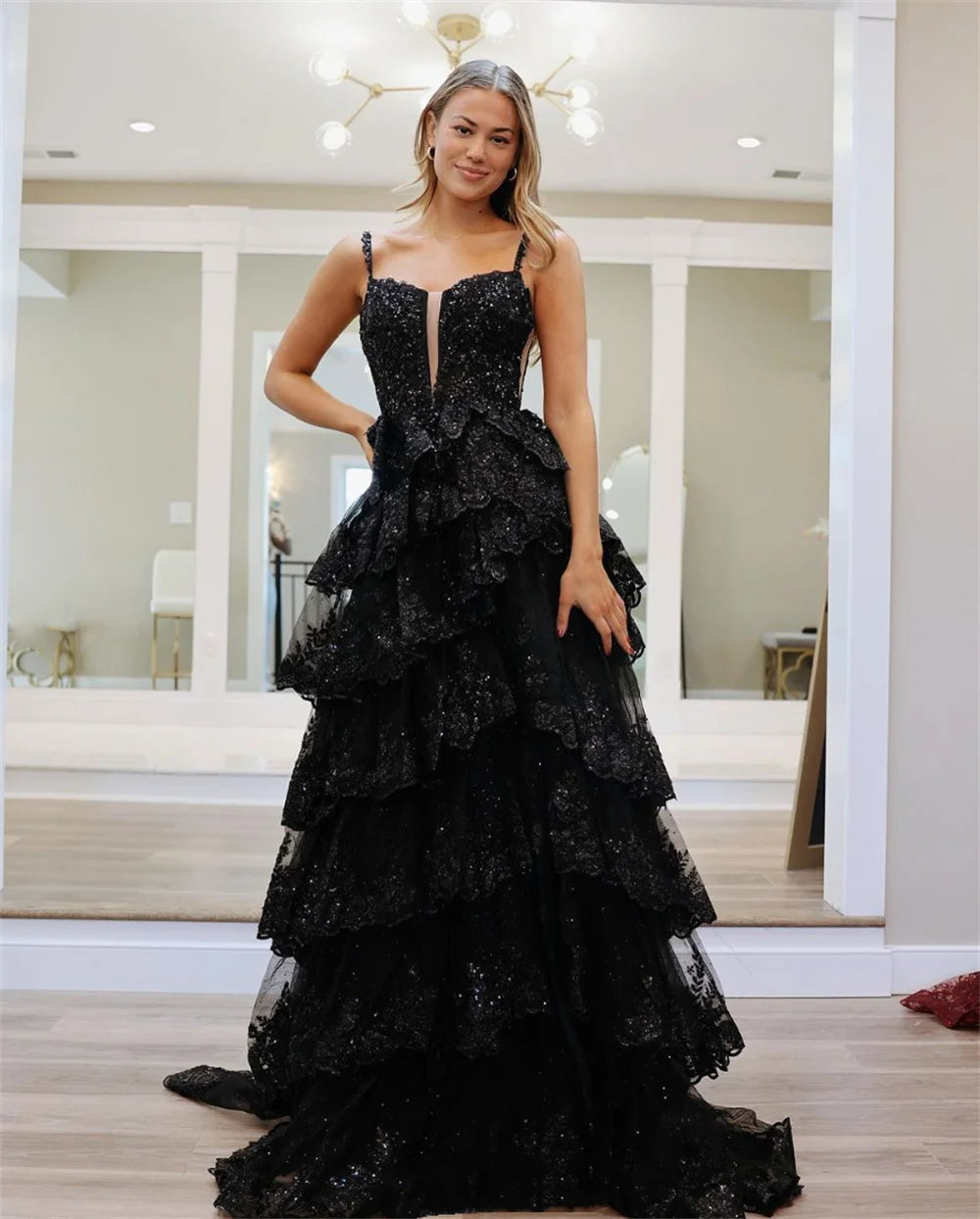 Glitter Black Layered Prom Dress Main image
