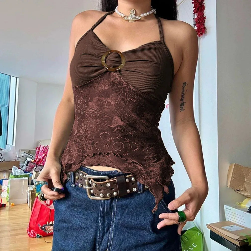 Patchwork Mesh Backless Print Cami Top Secondary image
