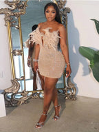 Feather Strapless V Neck Mesh Party Dress