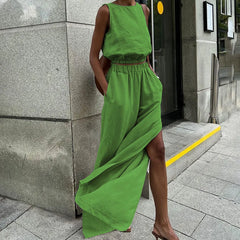 Cotton Linen Khaki Sleeveless Two Piece Pants Set