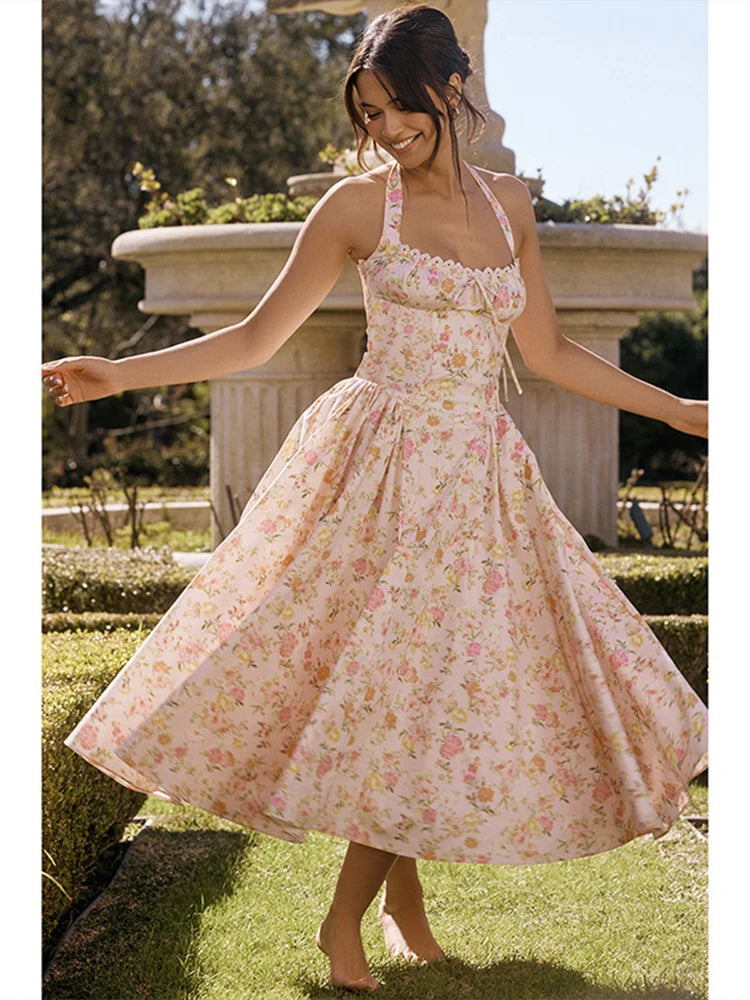 Print Wrap A-line Halter Midi Summer Dress Main image