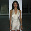 Lace Splice Halter V Neck Mini Dress