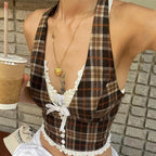 Y2K Plaid Halter Lace Trim Bow Tie Cami Top