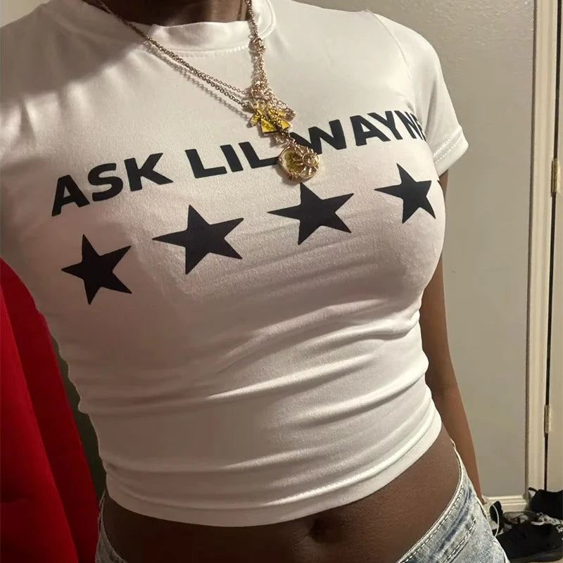 Y2K Star Letter Print Slim Crop Top Secondary image