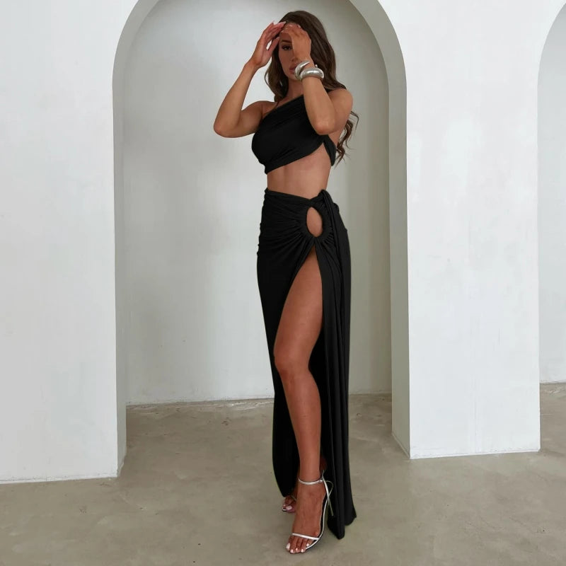 Solid Oblique Shoulder Wrapped Slit High Waist Two Piece Skirt Set Main image