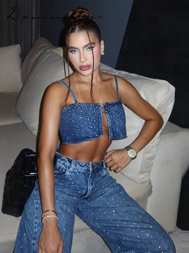Rhinestone Hollow Denim Two Piece Pants Set Main image