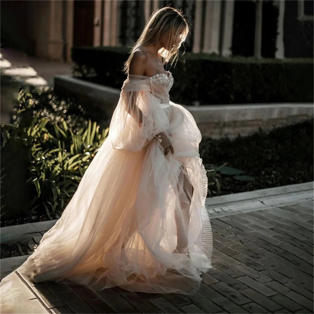 Off Shoulder Beige Tulle Prom Dress Main image