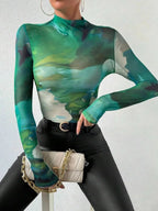 Gradient Patchwork Slim Fit Sheer Top