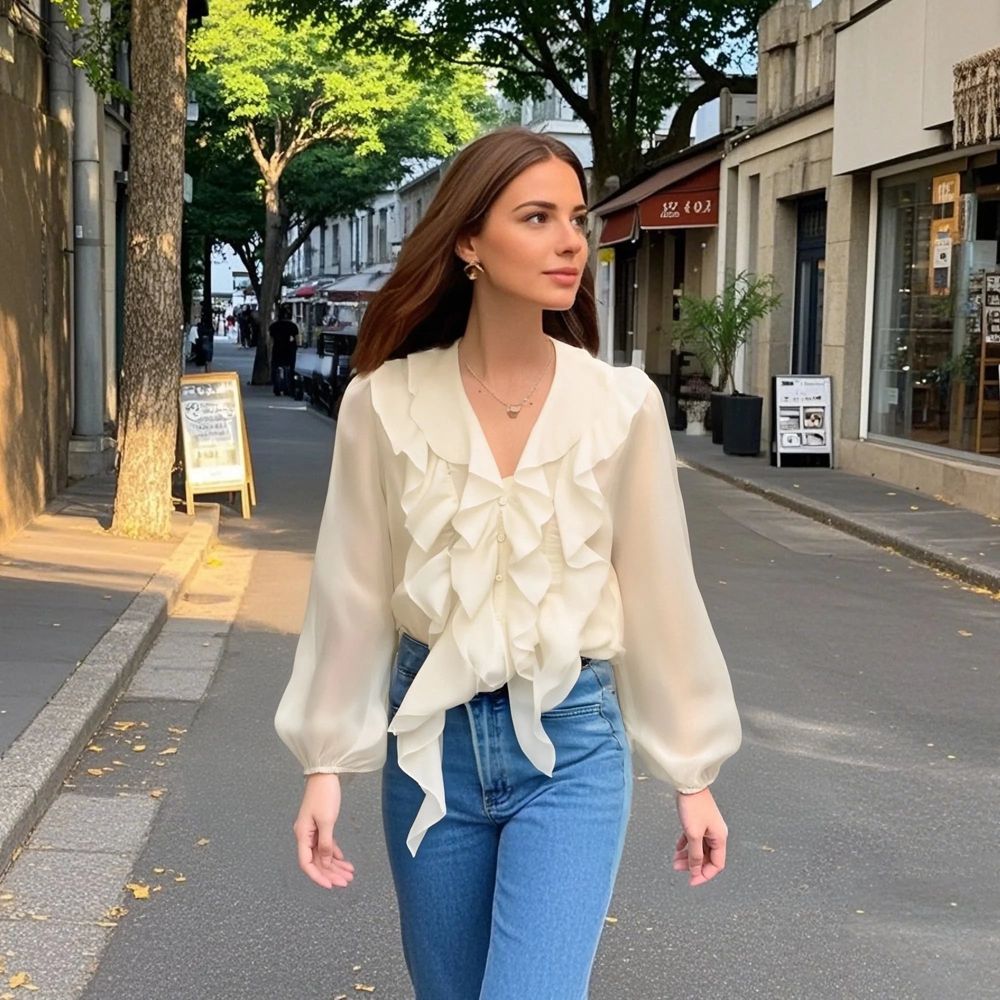 Long-sleeved V-neck Ruffled Puffy Sleeve Blouse Main image