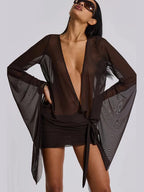 Mesh Irregular Bandage Low Neck Mini Dress