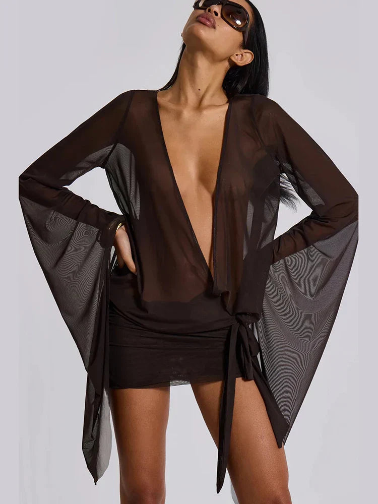 Mesh Irregular Bandage Low Neck Mini Dress