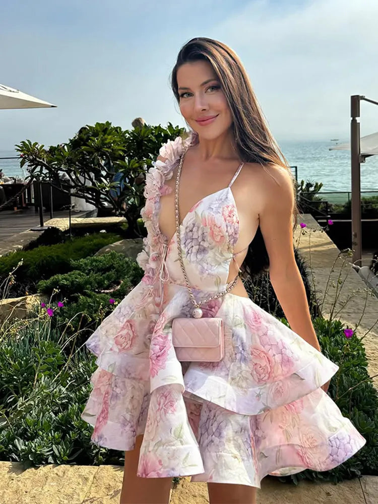 3D Floral Halter Layered V Neck Mini Dress Main image
