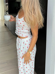 Strawberry Print Pajama Two Piece Pants Set