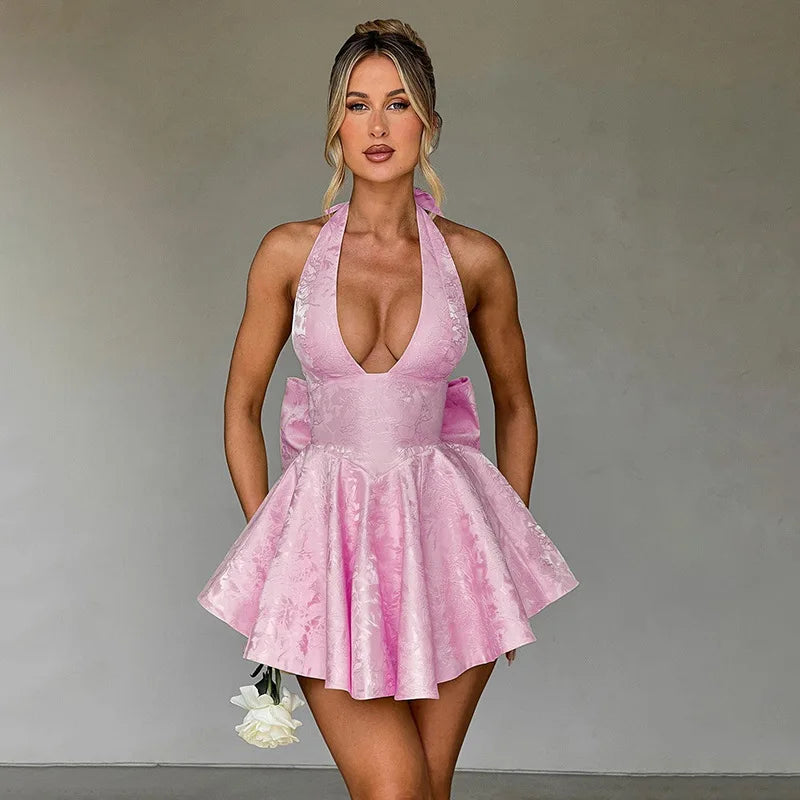 Jacquard Bow Backless Pink Party Dress Main image