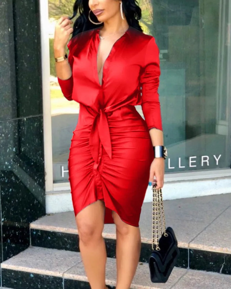 Deep V Neck Long Sleeve Bodycon Work Dress Main image