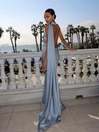 Satin Scarf Collar Halter Maxi Dress