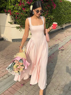 Solid Pleated Square Neck Midi Dress