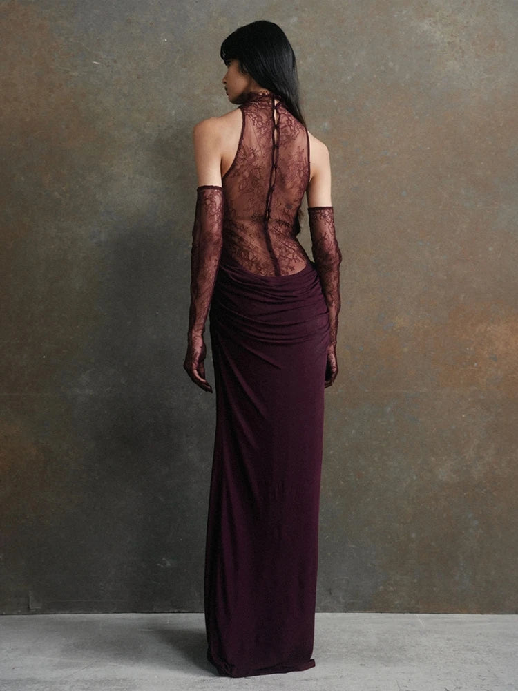 Turtleneck Pleated Gloves Backless Lace Dress Secondary image