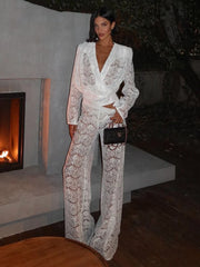 White Lace Deep V Two Piece Pants Set