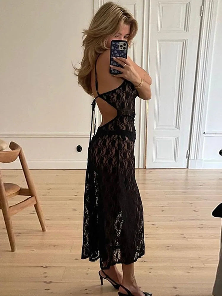 See Through Floral Mesh Lace Sexy Black Tie Up Hollow Out Long Midi Dresses