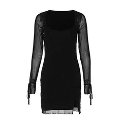 See Through Mesh Square Collar Solid Color Sexy Club Slit Mini Dress
