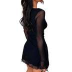 See Through Mesh Square Collar Solid Color  Club Slit Mini Dress