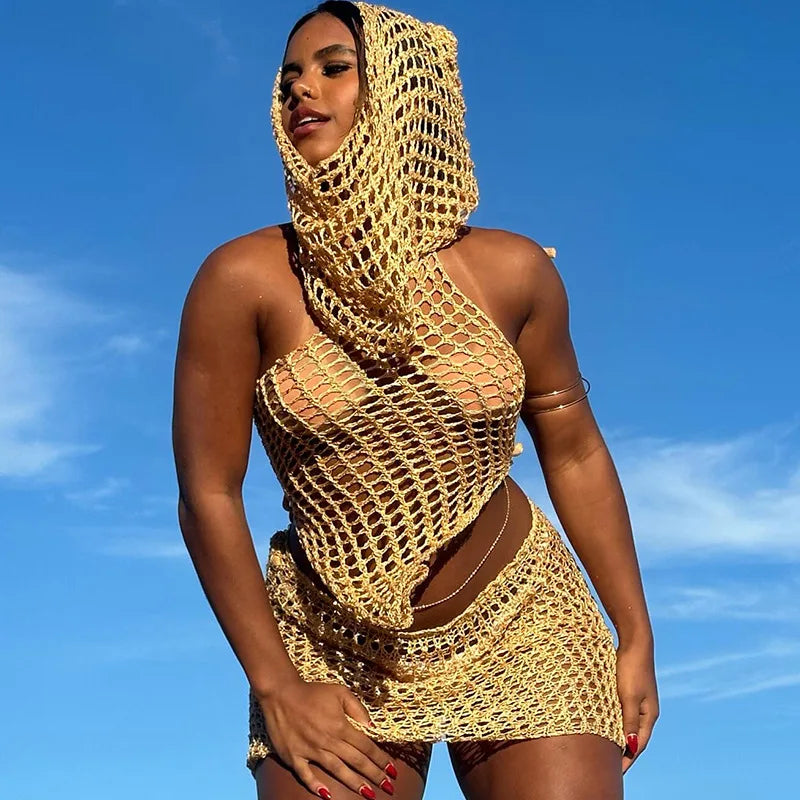 Hollow Out Knit Sequin Hooded Mini Crochet Two Piece Skirt Set Main image