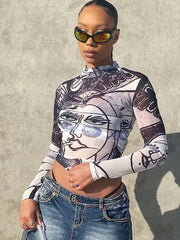 Graphic Print Mesh Long Sleeve Sheer Top