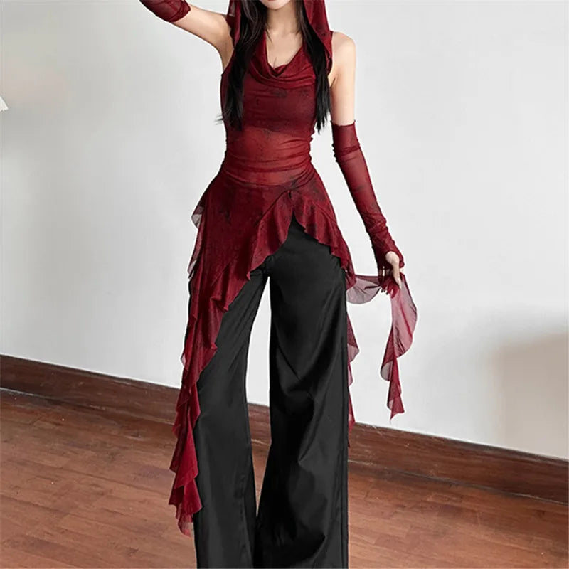 Cyber Grunge Mesh See Through Hooded Sheer Top Secondary image