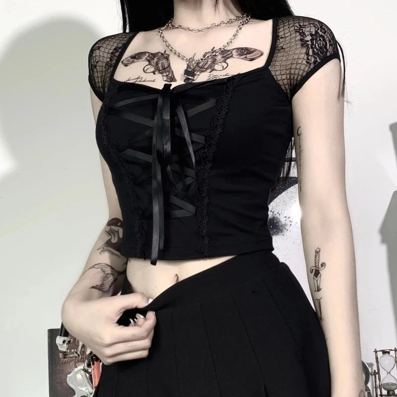 Goth Bodycon Lace Black Crop Top