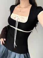 Contrast Lace Patchwork Y2K Black Crop Top