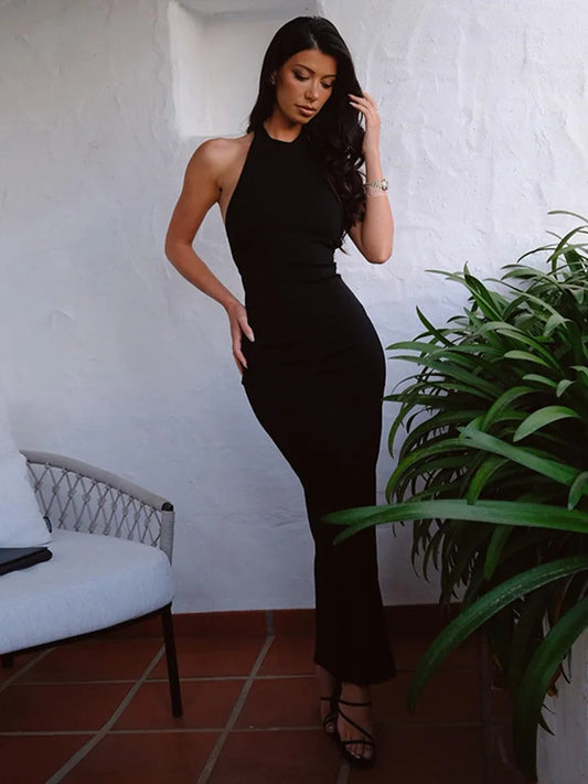 Sexy Backless Halter Bandage Outfits Sleeveless Summer Black Gown Midi Dresses