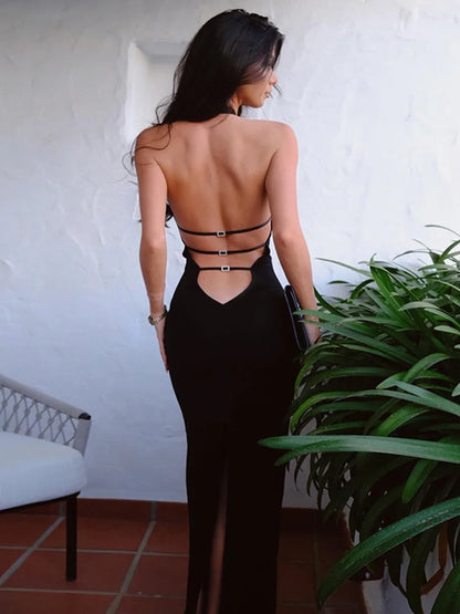Sexy Backless Halter Elegant Bandage Summer Club Black Midi Dresses