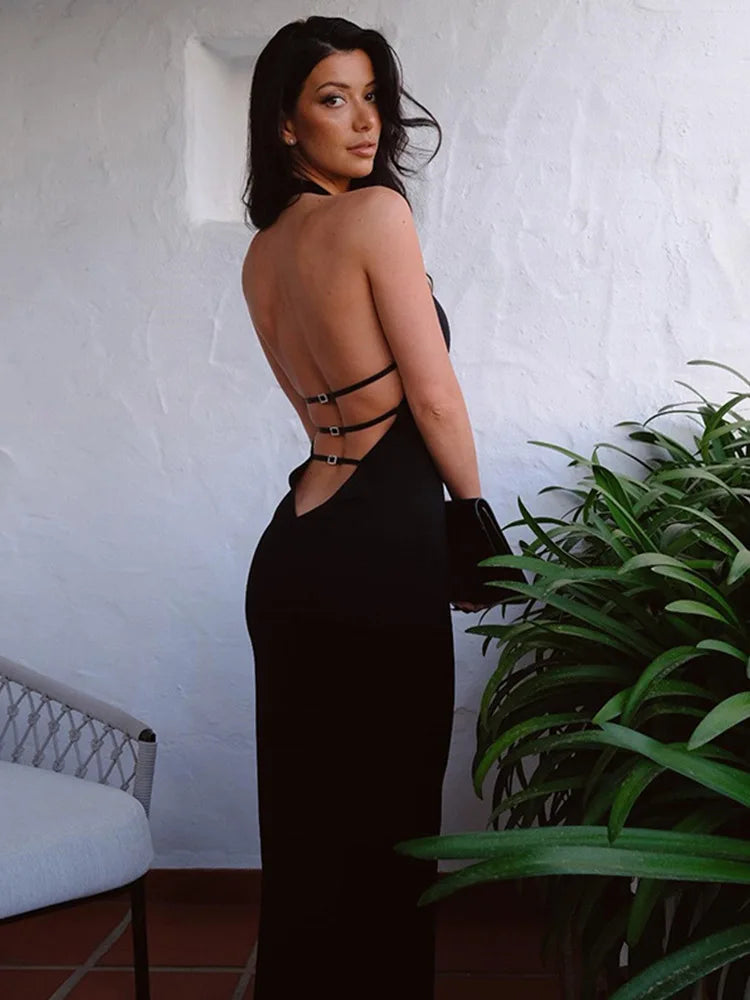 Sexy Backless Halter Bandage Outfits Sleeveless Summer Black Gown Midi Dresses