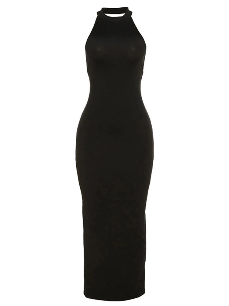 Sexy Backless Halter Elegant Bandage Summer Club Black Midi Dresses