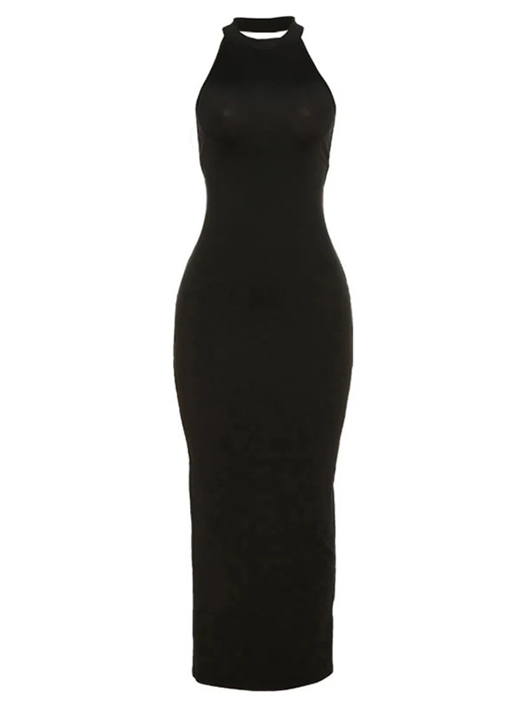 Backless Halter Elegant Bandage Summer Club Black Midi Dresses