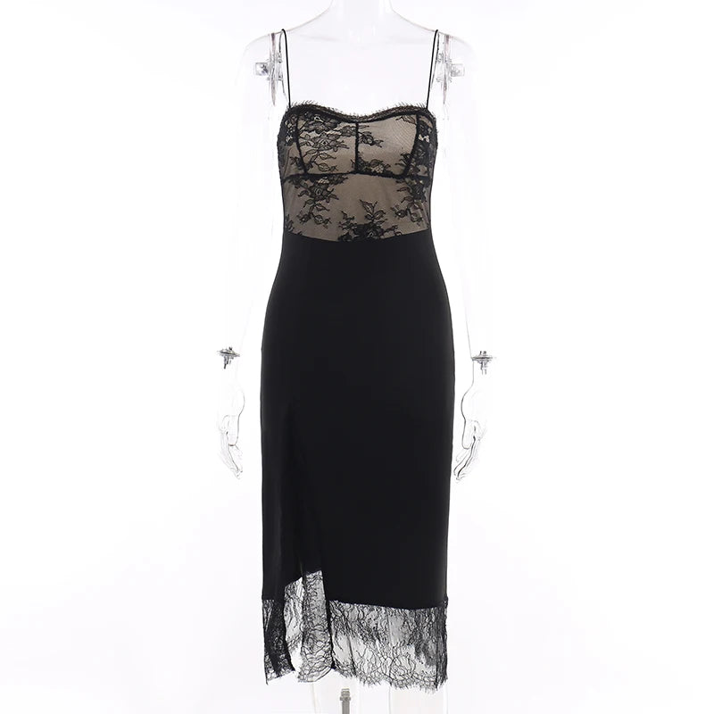 DressBetty - 2024 Sexy Black Spaghetti Strap Backless Split Lace Dress